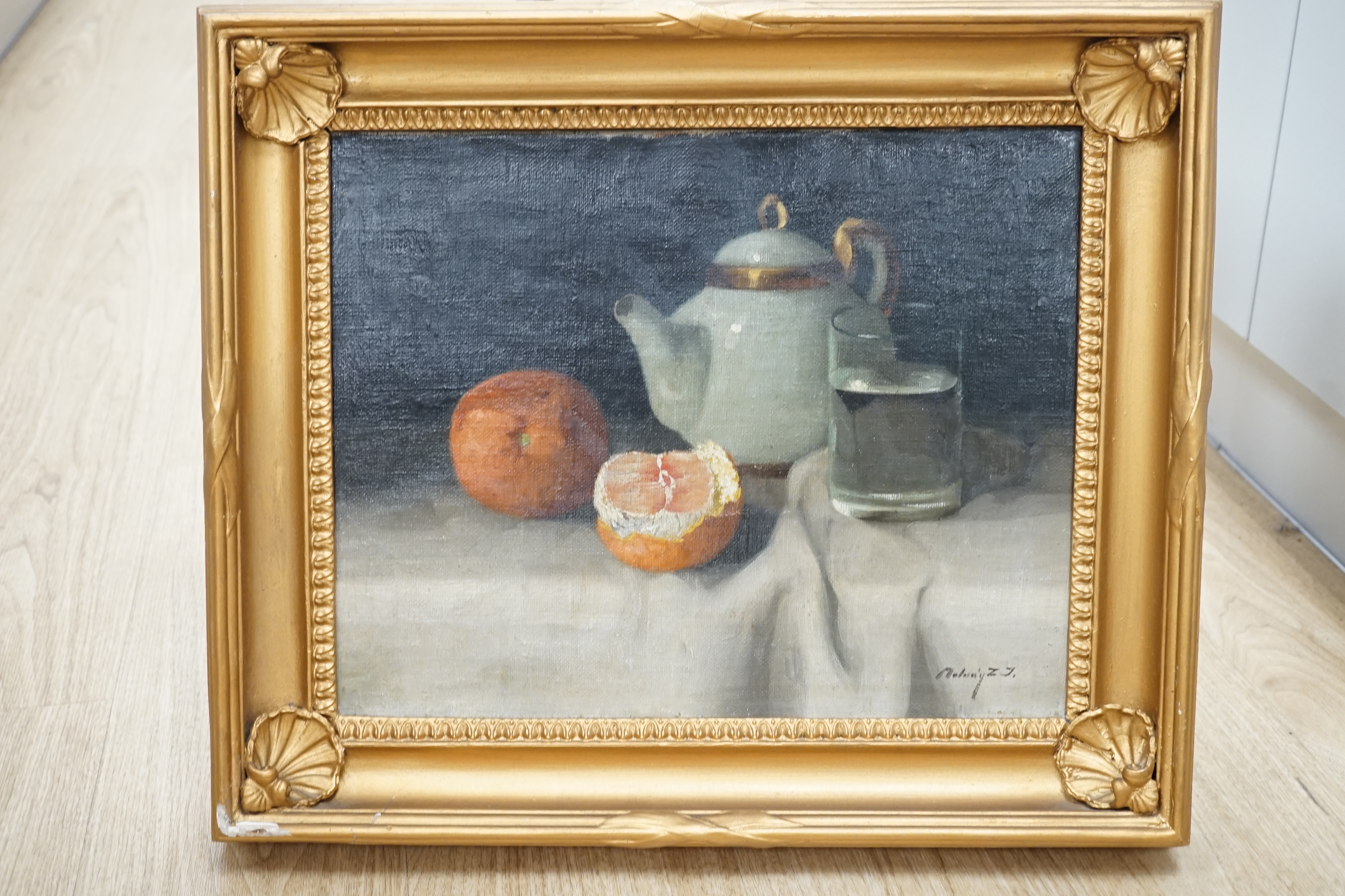 Continental School, oil on canvas, Still life of an orange, glass of water and teapot, signed, 33 x 40cm